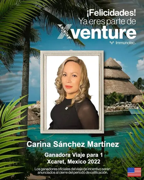 Reconocimiento de Immunotec a Carina Sánchez Martínez, ganadora del viaje a Xcaret 2022